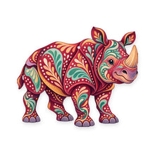 Load image into Gallery viewer, Indian Rhinoceros folk art ornament O374 on white, laser-cut maple wood, made in USA