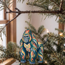 Load image into Gallery viewer, Laser-cut maple wood Western Lowland Gorilla folk art ornament O415 hanging on a fir branch, made in USA