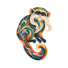 Load image into Gallery viewer, Emperor Tamarin folk art ornament O423 on white, laser-cut maple wood, made in USA