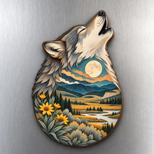 Load image into Gallery viewer, Lamar Valley Wolf M100 wooden magnet on a stainless steel refrigerator with a subtle laser-cut wood edge