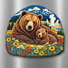 Load image into Gallery viewer, Grizzly Mother and Cub M103 wooden magnet on a stainless steel refrigerator with a subtle laser-cut wood edge