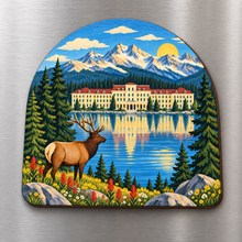 Load image into Gallery viewer, Lake Hotel Morning M105 wooden magnet on a stainless steel refrigerator with a subtle laser-cut wood edge