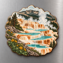 Load image into Gallery viewer, Mammoth Terrace Steps M106 wooden magnet on a stainless steel refrigerator with a subtle laser-cut wood edge