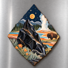Load image into Gallery viewer, Obsidian Night M108 wooden magnet on a stainless steel refrigerator with a subtle laser-cut wood edge