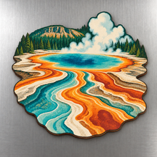 Load image into Gallery viewer, Thermal River Ribbons M110 wooden magnet on a stainless steel refrigerator with a subtle laser-cut wood edge