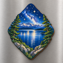 Load image into Gallery viewer, Yellowstone Lake Stars M112 wooden magnet on a stainless steel refrigerator with a subtle laser-cut wood edge