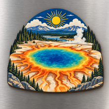 Load image into Gallery viewer, Prismatic Sunburst M113 wooden magnet on a stainless steel refrigerator with a subtle laser-cut wood edge