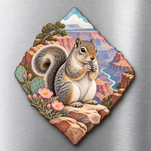 Load image into Gallery viewer, Rock Squirrel Snack M115 wooden magnet on a stainless steel refrigerator with a subtle laser-cut wood edge