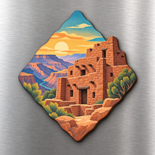 Load image into Gallery viewer, Hopi House Architecture M118 wooden magnet on a stainless steel refrigerator with a subtle laser-cut wood edge