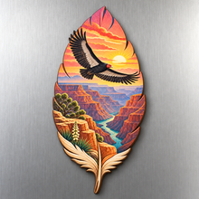 Load image into Gallery viewer, Sunrise Condor Feather M122 wooden magnet on a stainless steel refrigerator with a subtle laser-cut wood edge