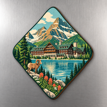 Load image into Gallery viewer, Many Glacier Hotel M126 wooden magnet on a stainless steel refrigerator with a subtle laser-cut wood edge