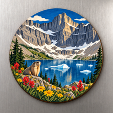 Load image into Gallery viewer, Iceberg Lake M127 wooden magnet on a stainless steel refrigerator with a subtle laser-cut wood edge