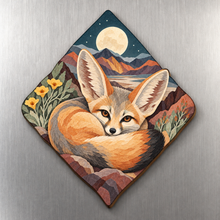 Load image into Gallery viewer, Kit Fox Crescent M129 wooden magnet on a stainless steel refrigerator with a subtle laser-cut wood edge