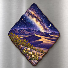 Load image into Gallery viewer, Milky Way Dunes M140 wooden magnet on a stainless steel refrigerator with a subtle laser-cut wood edge