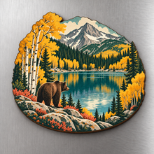 Load image into Gallery viewer, Bear Lake Autumn M142 wooden magnet on a stainless steel refrigerator with a subtle laser-cut wood edge