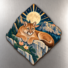 Load image into Gallery viewer, Mountain Lion Moon M144 wooden magnet on a stainless steel refrigerator with a subtle laser-cut wood edge
