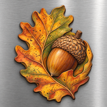 Load image into Gallery viewer, Bur Oak and Acorn M145 wooden magnet on a stainless steel refrigerator with a subtle laser-cut wood edge