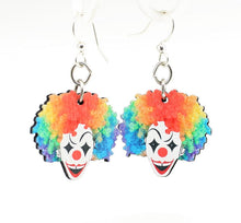 Load image into Gallery viewer, Creepy clown wood earrings — horror clown face in laser-cut wood, made in USA