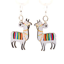 Load image into Gallery viewer, Llama earrings with long neck and fringed blanket, eco-friendly jewelry made in USA