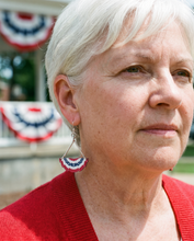 Load image into Gallery viewer, USA Pleated Fan Flag Earrings #1638 shown on model