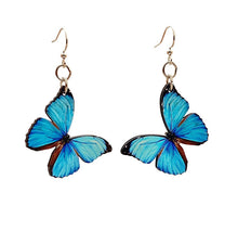 Load image into Gallery viewer, Blue butterfly earrings with detailed wing pattern, eco-friendly jewelry made in USA