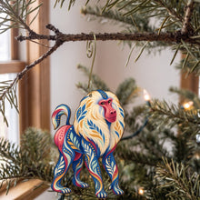 Load image into Gallery viewer, Laser-cut maple wood Hamadryas Baboon folk art ornament O421 hanging on a fir branch, made in USA
