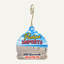 Load image into Gallery viewer, Pushpa Imports Logo custom wood ornament OC1046 hanging on hook
