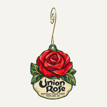 Load image into Gallery viewer, Union Rose Logo custom wood ornament OC1052 hanging on hook
