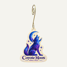 Load image into Gallery viewer, Coyote Moon Logo custom wood ornament OC1079 hanging on hook
