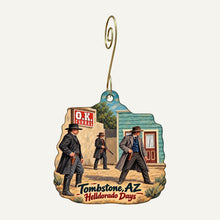 Load image into Gallery viewer, Silver Hills Trading Company Town Icon custom wood ornament OC1453 hanging on hook
