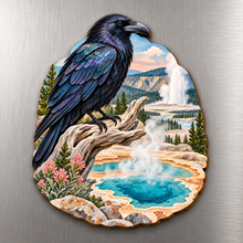 Load image into Gallery viewer, Raven and Steam M102 wooden magnet on a stainless steel refrigerator with a subtle laser-cut wood edge
