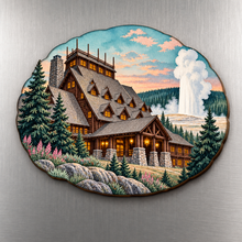 Load image into Gallery viewer, Old Faithful Inn M104 wooden magnet on a stainless steel refrigerator with a subtle laser-cut wood edge
