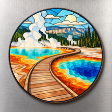 Load image into Gallery viewer, Geyser Basin Boardwalk M111 wooden magnet on a stainless steel refrigerator with a subtle laser-cut wood edge
