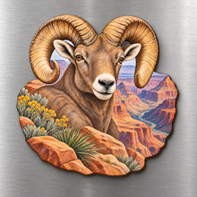 Load image into Gallery viewer, Desert Bighorn Ram M114 wooden magnet on a stainless steel refrigerator with a subtle laser-cut wood edge
