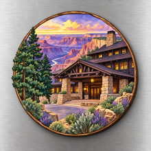 Load image into Gallery viewer, El Tovar Lodge M119 wooden magnet on a stainless steel refrigerator with a subtle laser-cut wood edge

