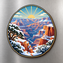 Load image into Gallery viewer, Canyon Snowfall M120 wooden magnet on a stainless steel refrigerator with a subtle laser-cut wood edge
