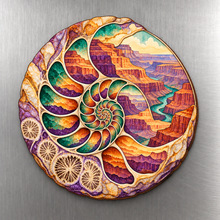 Load image into Gallery viewer, Ancient Sea Spiral M121 wooden magnet on a stainless steel refrigerator with a subtle laser-cut wood edge
