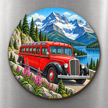 Load image into Gallery viewer, Red Bus Journey M125 wooden magnet on a stainless steel refrigerator with a subtle laser-cut wood edge
