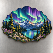 Load image into Gallery viewer, Northern Lights Pines M128 wooden magnet on a stainless steel refrigerator with a subtle laser-cut wood edge

