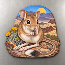 Load image into Gallery viewer, Kangaroo Rat M130 wooden magnet on a stainless steel refrigerator with a subtle laser-cut wood edge
