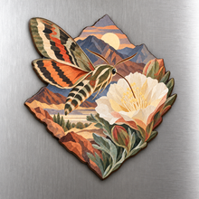 Load image into Gallery viewer, Desert Sphinx Moth M133 wooden magnet on a stainless steel refrigerator with a subtle laser-cut wood edge
