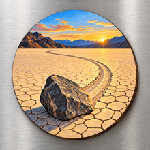 Load image into Gallery viewer, Sailing Stone M136 wooden magnet on a stainless steel refrigerator with a subtle laser-cut wood edge
