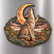 Load image into Gallery viewer, Desert Coyote Moon M139 wooden magnet on a stainless steel refrigerator with a subtle laser-cut wood edge
