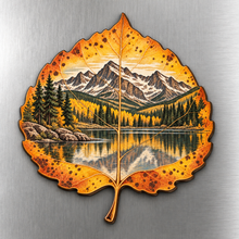Load image into Gallery viewer, Aspen Leaf Autumn M141 wooden magnet on a stainless steel refrigerator with a subtle laser-cut wood edge
