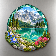 Load image into Gallery viewer, Emerald Lake Jewel M143 wooden magnet on a stainless steel refrigerator with a subtle laser-cut wood edge
