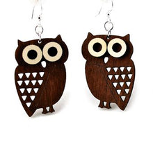 Load image into Gallery viewer, Little hoot owl wood earrings — small round owl in laser-cut wood, made in USA
