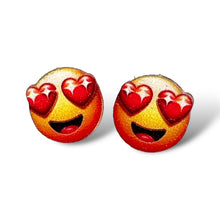 Load image into Gallery viewer, Heart eye emoji face stud earrings, eco-friendly laser-cut jewelry made in USA
