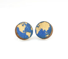 Load image into Gallery viewer, Globe world map stud earrings, eco-friendly laser-cut jewelry made in USA
